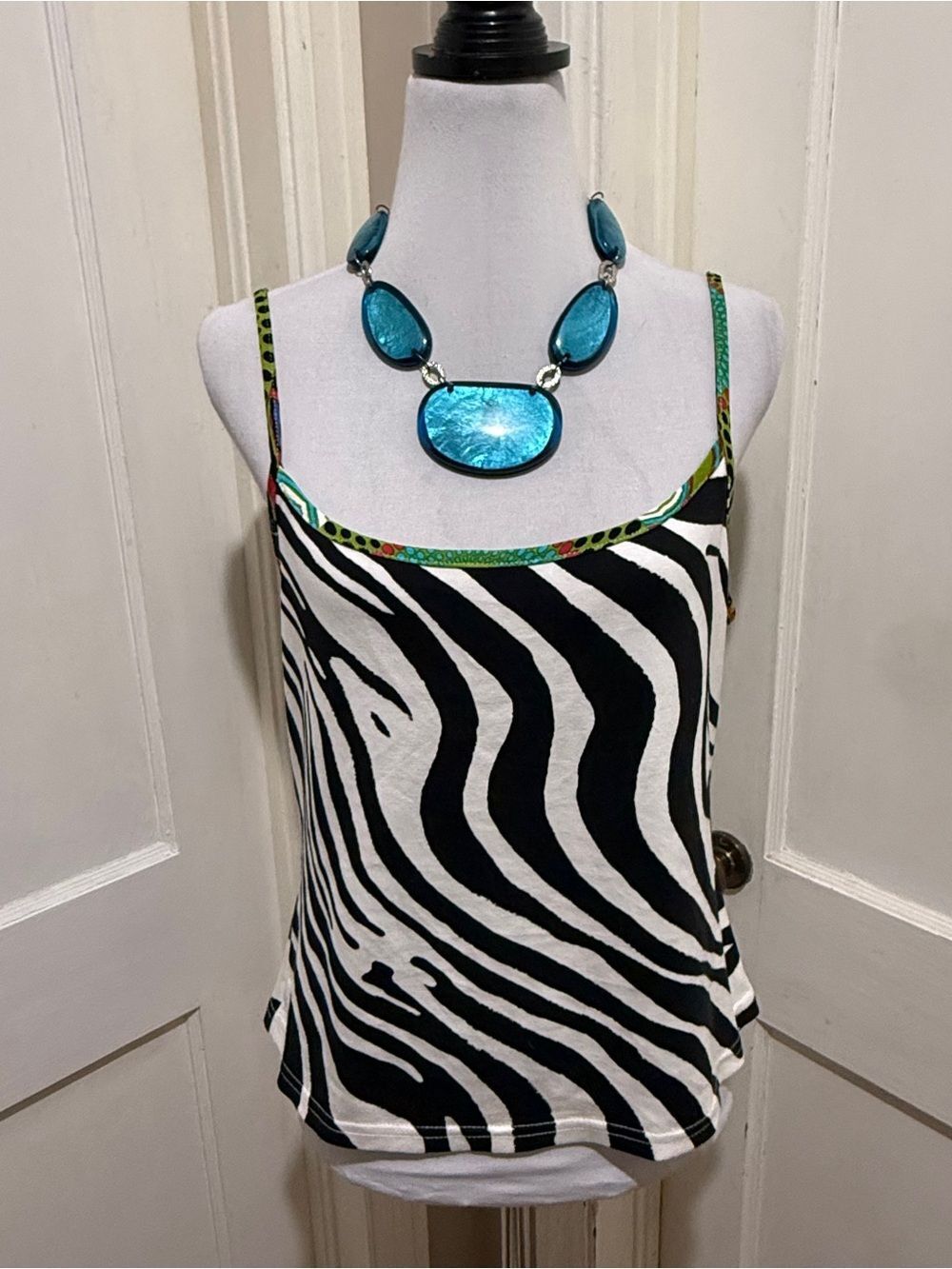 Joseph Ribkoff Black and White Zebra-Print Camisole with Color-Trim Straps Sz 14